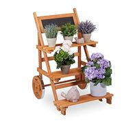 relaxdays Étagère Plantes, 3 étages, Roues, Ardoise, Bois, pour intérieur & extérieur, HLP 90,5x59,5x69 cm, Marron Clair