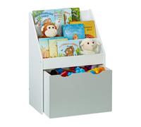 Relaxdays Bibliothèque pour Enfants, HxLxP : 70x50,5x28 cm, avec Coffre à Jouets, 3 Compartiments, MDF, Gris/Blanc