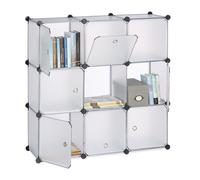 Relaxdays Étagère rangement 9 casiers portes plastique modulable DIY assemblage plug in bibliothèque 95x95x32 cm, transparent