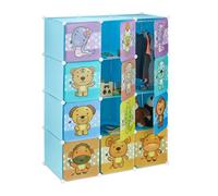 Étagère Rangement Enfants casier modulable Plastique Animaux penderie Armoire Portes Tringle, Bleu