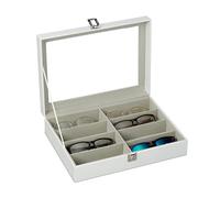 Relaxdays Etui à lunettes pour 8 paires, Rangement à lunettes de soleil, 8,5 x 33,5 x 24,5 cm, Coffre en cuir, blanc