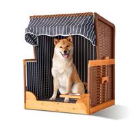 Relaxdays Fauteuil de Plage pour Chien en rotin avec Toit, gamelle, 95x75x65 cm, Bois, Bleu foncé