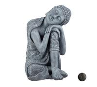 Relaxdays Figurine Bouddha, tête inclinée XL 60 cm, déco asiatique, jardin & salon, résistante aux intempéries, grise