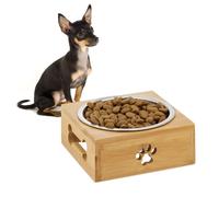 Relaxdays Gamelle, 400 ML, pour Eau et Nourriture, avec Socle en Bambou, HxLxP: 6 x 14,5 x 14,5 cm, argenté - Nature