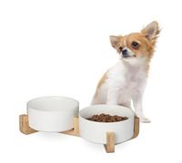 Relaxdays Gamelle, 850 ML, pour Eau et Nourriture, avec Structure en Bambou, HxLxP : 9 x 32 x 17 cm, Blanc