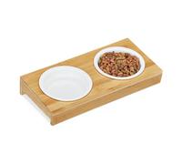 Relaxdays Gamelle Double, Chats & Petits Chiens, 2X Bols céramique, 200 ML Chaque, Lave-Vaisselle, Bambou, Nature/Blanc