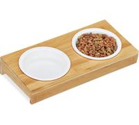 Relaxdays gamelle double, chats & petits chiens, 2 x gamelles en céramique, 200 ml chacune, lavable au lave-vaisselle, bambou gamelle, naturel/blanc