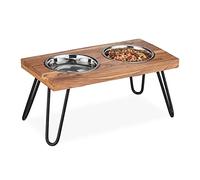 Relaxdays Gamelle pour Chien en Set, Acier Inoxydable, avec Support Marron en Bois d’Acacia, 1200 ML, HLP 23x49,5x25 cm
