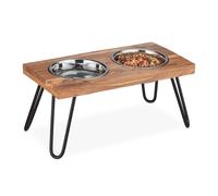 Relaxdays Gamelle pour Chien en Set, Acier Inoxydable, avec Support Marron en Bois d’Acacia, 1200 ML, HLP 23x49,5x25 cm