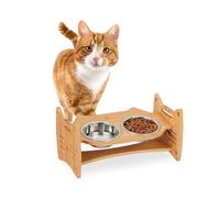 Relaxdays Gamelles et Support en Bambou, pour Chats & Petits Chiens, HxLxP: 18x36x21 cm, 2 contenants, Nature - argenté