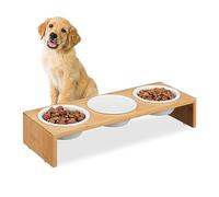 Relaxdays Gamelles pour Chiens, 3 récipients, 400 ML, Compatible Lave-Vaisselle, Bambou & céramique, Nature - Blanc