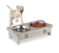 Relaxdays Gamelles pour Chiens, Support surélevé, 2 récipients, 750 ML, Bois de manguier & Acier Inoxydable, Gris