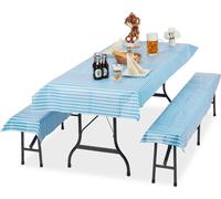 Relaxdays Ensemble pour Tente Coussins, Jeu de 3 pièces, Nappe Table 250x100cm, 2 Housses pour bancs, Lavable,Bleu Blanc