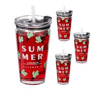 Relaxdays Gobelet en Lot de 4, Motif Cactus, Couvercle et Paille, Graduation 450 ML, Verre, pour Enfants, Transparent