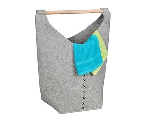 Relaxdays Grand Panier à Linge, Feutre, poignée en Bois, 50 l, Pliable, Salle de Bain & Chambre, Gris Clair et Nature