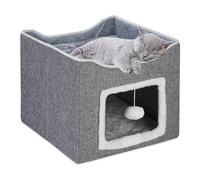 Relaxdays Grotte pour 2 Chats, Surface à griffer, Jouet, Coussins, Pliable, H x L x P : 32 x 40 x 40 cm, Grise