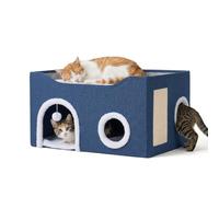 Relaxdays Grotte pour Chat, Maison Pliable, Bleu | H x L x P : 34 x 60 x 40 cm, griffoir, balle de jeu, 2 coussins