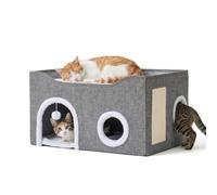 Relaxdays Grotte pour Chat, Maison Pliable, Gris | H x L x P : 34 x 60 x 40 cm, griffoir, balle de jeu, 2 coussins