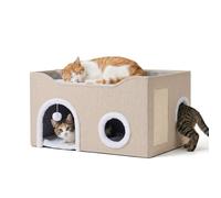 Relaxdays grotte pour chat maison pliable H x L x P : 34 x 60 x 40 cm griffoir balle de jeu 2 coussins beige