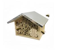 Relaxdays Hôtel pour Abeilles en Bois avec Toit galvanisé, Tubes en Bambou, à Suspendre, Naturel/Argent, 17 x 23 x 23 cm
