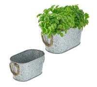 Relaxdays Jardinière en Zinc, Lot de 2, Design martelé, décoration, anses Jute, Deux Tailles différentes, argenté