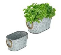 Relaxdays Jardinière en zinc, lot de 2, design martelé, décoration, anses jute, deux tailles différentes, argenté