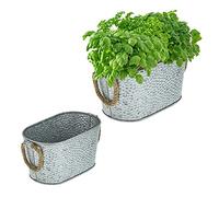 Relaxdays Jardinière en Zinc, Lot de 2, Design martelé, décoration, argenté | anses jute, deux tailles différentes