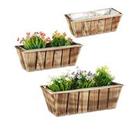 Relaxdays Jardinières en lot, bacs à fleurs en 3 tailles, bois flambé, avec film plastique, intérieur et extérieur, brun
