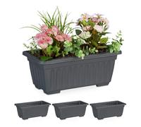 Relaxdays Jardinières Lot de 4, intérieur et extérieur, Pot de Fleurs carré, HLP 14 x 34 x 18,5cm, Plastique, Anthracite