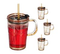 Relaxdays Jarre avec Paille, Couvercle et Anse, lot Pratique de 4, Volume : 450 ML, pour Votre Smoothie, Marron Clair
