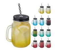 Relaxdays Jarre avec Paille et Couvercle, Lot de 12, 400 ML, Design givré, Verre avec Anse, gobelet, Multicolore - Noir