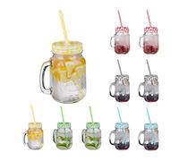 Relaxdays Jarres avec Paille et Couvercle, en Lot de 10, Volume de 500 ML, Design rétro, Verre avec Anse, Multicolore