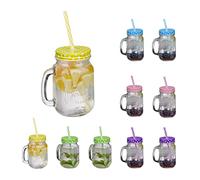 Relaxdays Jarres avec Paille et Couvercle, en Lot de 10, Volume de 500 ML, Design rétro, Verre avec Anse, Multicolore