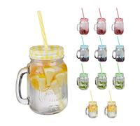 Relaxdays Jarres avec Paille et Couvercle, en Lot de 12, Volume : 500 ML, Design rétro, Verre avec Anse, Multicolore