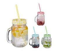 Relaxdays Jarres avec Paille et Couvercle, en Lot de 4, Volume : 500 ML, Design rétro, Verre avec Anse, Multicolore