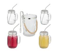 Relaxdays Jarres avec paille et couvercle, set, 4 verres à cocktail de 500 ml, seau à glaçons et pince, transparent