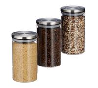 Relaxdays 10027998 Pots de Stockage Jeu de 3, 1l, étanche à l’air, Couvercle Acier INOX, Epices, Riz, thé, Contenant Transparent