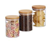 Relaxdays 10027994 Vorratsdosen Glas Boîtes de Stockage en Verre, Jeu de 3, Tailles 600 ML,pâtes, Riz, céréales, Café, D 5 cm, Bambou