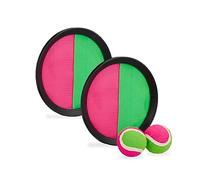 Relaxdays Jeu de Lancer, Set avec 2 balles et Deux Raquettes, pour l’intérieur et l’extérieur, Rose et Vert