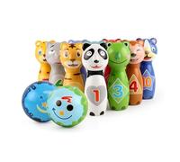 Relaxdays Jeu de quilles pour Enfants, 10 cônes, 2 balles, Animaux à partir de 3 Ans, intérieur et extérieur, Ensemble de Bowling, Mousse, Multicolore