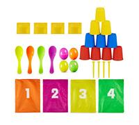 Relaxdays Jeux fêtes d’Enfants, Jeu de 3 en 1, de Jardin Anniversaire, Saut en Sac, Course avec Oeufs, Lancement