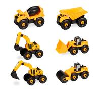 Relaxdays Jouets de chantier pour enfant, lot 6 pièces, véhicule, pelleteuse, DIY, tournevis, dès 3 ans, jaune/noir