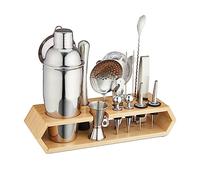Relaxdays Kit à Cocktails, Lot de 16 pièces avec Support, Shaker, Jigger, Acier Inoxydable & Bambou, argenté - Nature