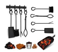 Relaxdays Kit d'accessoires de cheminée, 5 pièces, tisonnier, pelle, balayette, pince à feu, support mural, noir