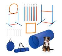 Relaxdays Kit d'agilité pour Chiens, 76 pièces, Haies Ajustables, Anneau de Saut, Sac de Transport, Bleu/Orange, 116 x 7
