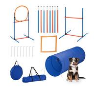 Relaxdays Kit d'agilité pour Chiens, 76 pièces, Haies Ajustables, Anneau de Saut, Sac de Transport, Bleu/Orange, 116 x 7