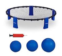 Relaxdays Kit de roundnet Complet, avec 3 balles, Pompe, Filet & Sac de Rangement, Jeu d'extérieur, Noir/Bleu