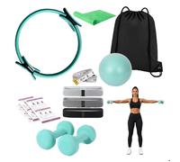 Relaxdays Kit Pilates, 11 pièces, accessoires maison, anneau, ballon, 4 élastiques, 2 haltères, sac, vert