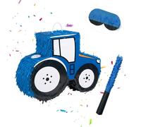 Relaxdays Kit piñata, 3 pièces, tracteur suspendu, enfants, bleu | avec bâton et masque