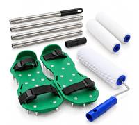 Relaxdays Kit revêtement sol, blanc/vert | rouleaux à pointes et peinture, chaussures à clous 39-46, manche télescopique